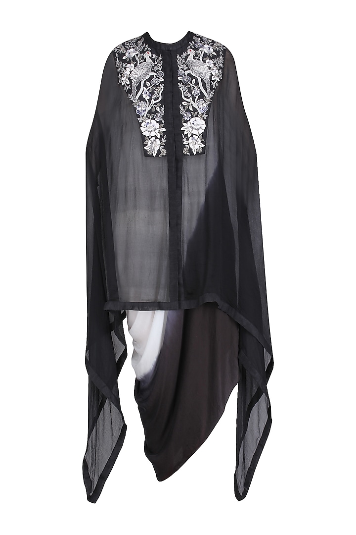 Black Birds Embroidered Cape and Shaded Dress Set by Roshni Chopra