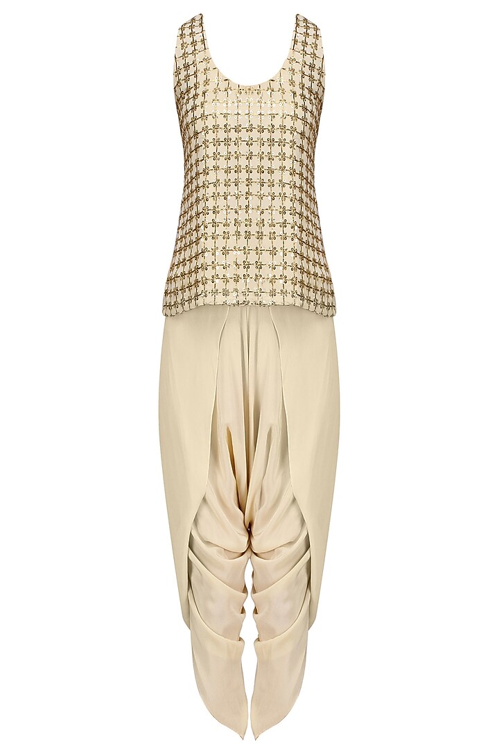 Biege and Gold Embroidered Top, Cape and Dhoti Pants Set by Roshni Chopra