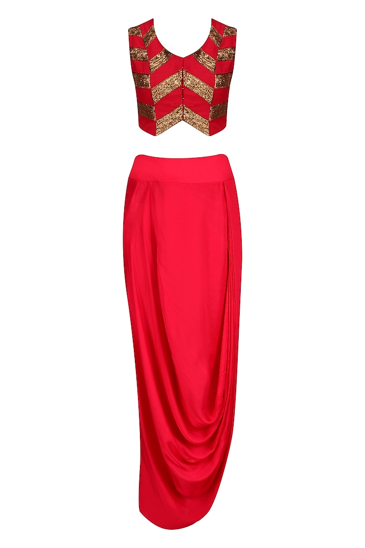 Red and Gold Pita Work Crop Top and Wrap Skirt Set by Roshni Chopra