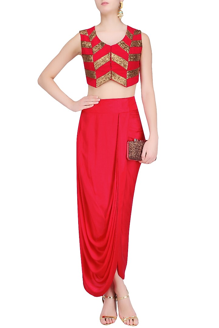 Red and gold pita work crop top and wrap skirt set available only at Pernia's Pop Up Shop.
