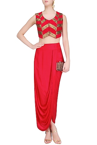 Red and Gold Pita Work Crop Top and Wrap Skirt Set by Roshni Chopra
