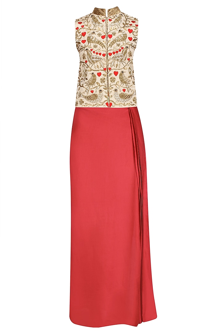 Red Birds and Floral Embroidered Nehru Jacket and Wrap Skirt Set by Roshni Chopra