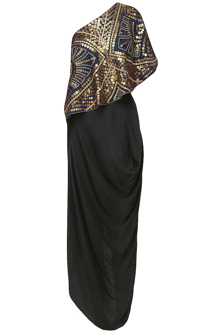 Navy and black coin embroidered cape and skirt set available only at Pernia's Pop Up Shop.