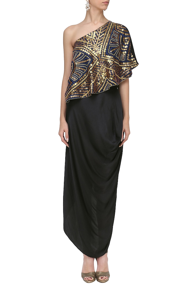 Navy and black coin embroidered cape and skirt set available only at Pernia's Pop Up Shop.