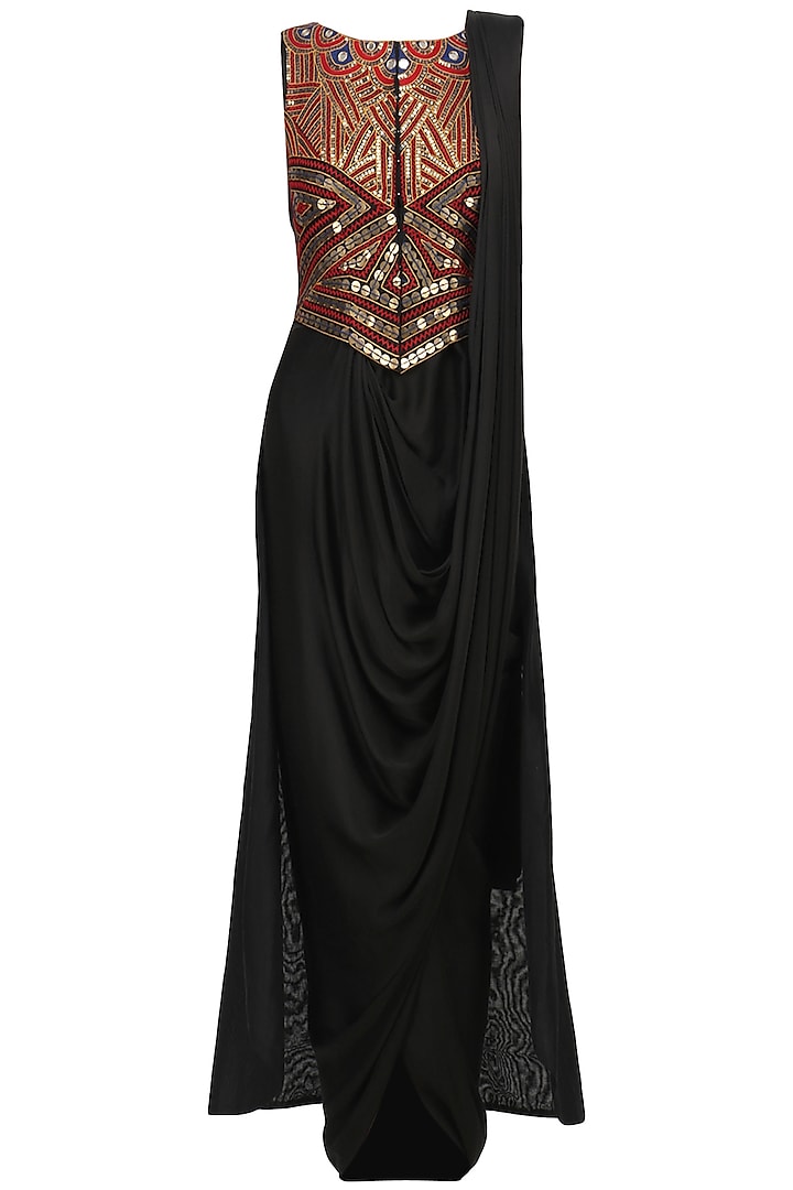 Black Pre Draped Saree Dress with Embroidered Jacket by Roshni Chopra
