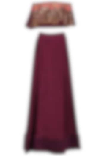 Burgundy Embroidered Off Shoulder Top and Skirt Set by Roshni Chopra