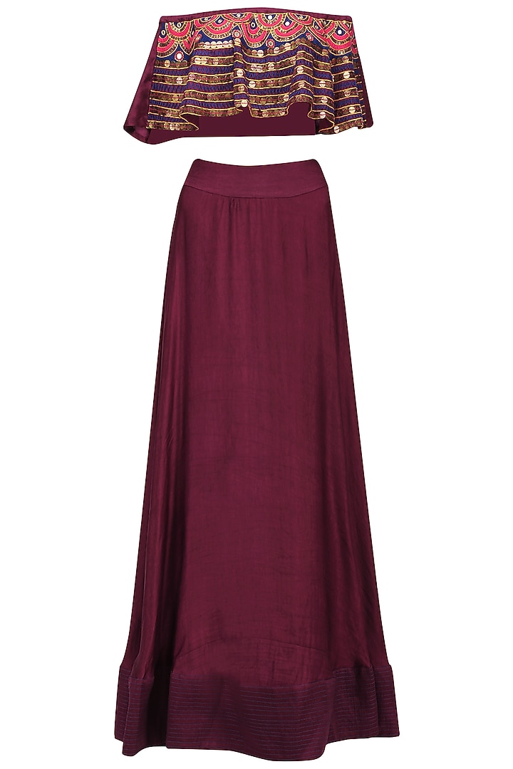Burgundy embroidered off shoulder top and skirt set available only at Pernia's Pop Up Shop.