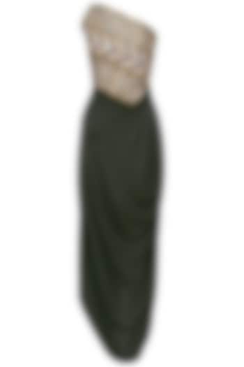 Black Embroidered One Shoulder Top and Draped Skirt Set by Roshni Chopra