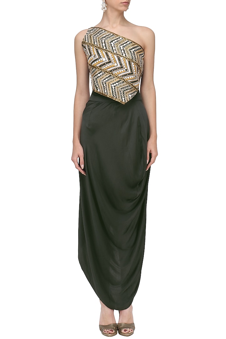 Black embroidered one shoulder top and draped skirt set available only at Pernia's Pop Up Shop.