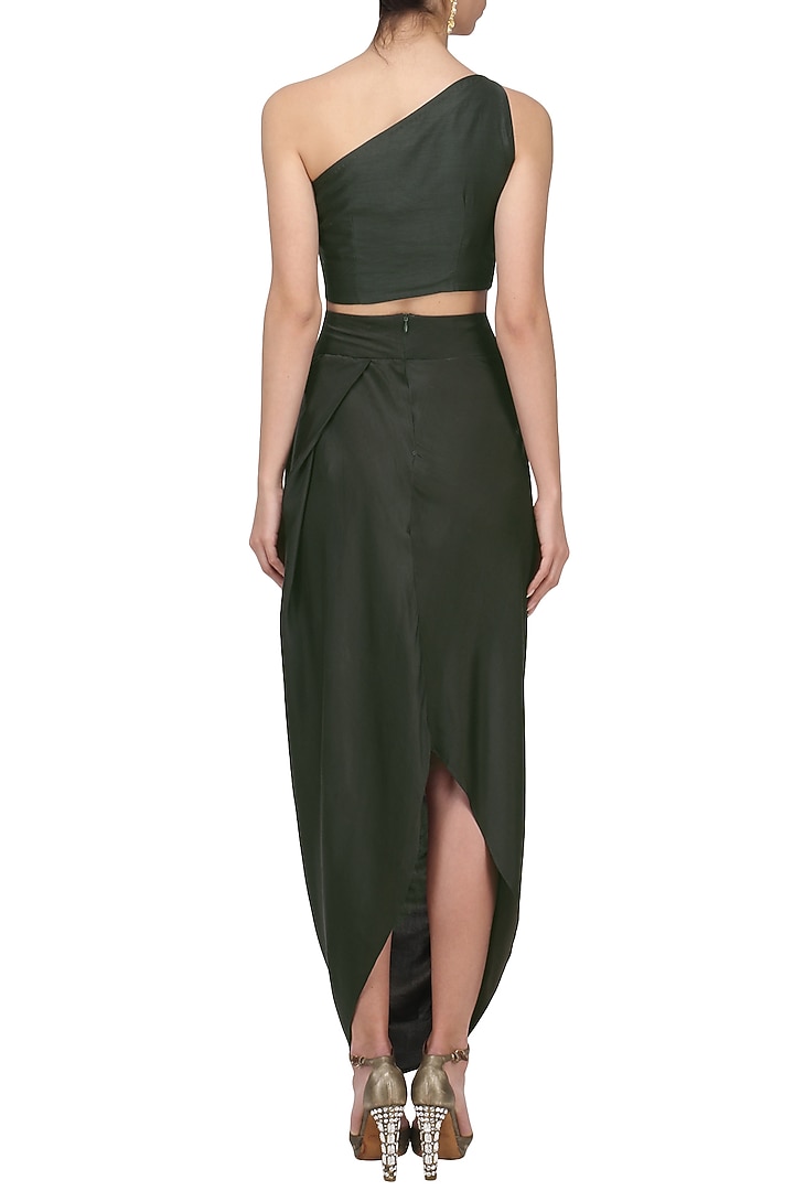 Black embroidered one shoulder top and draped skirt set available only at Pernia's Pop Up Shop.