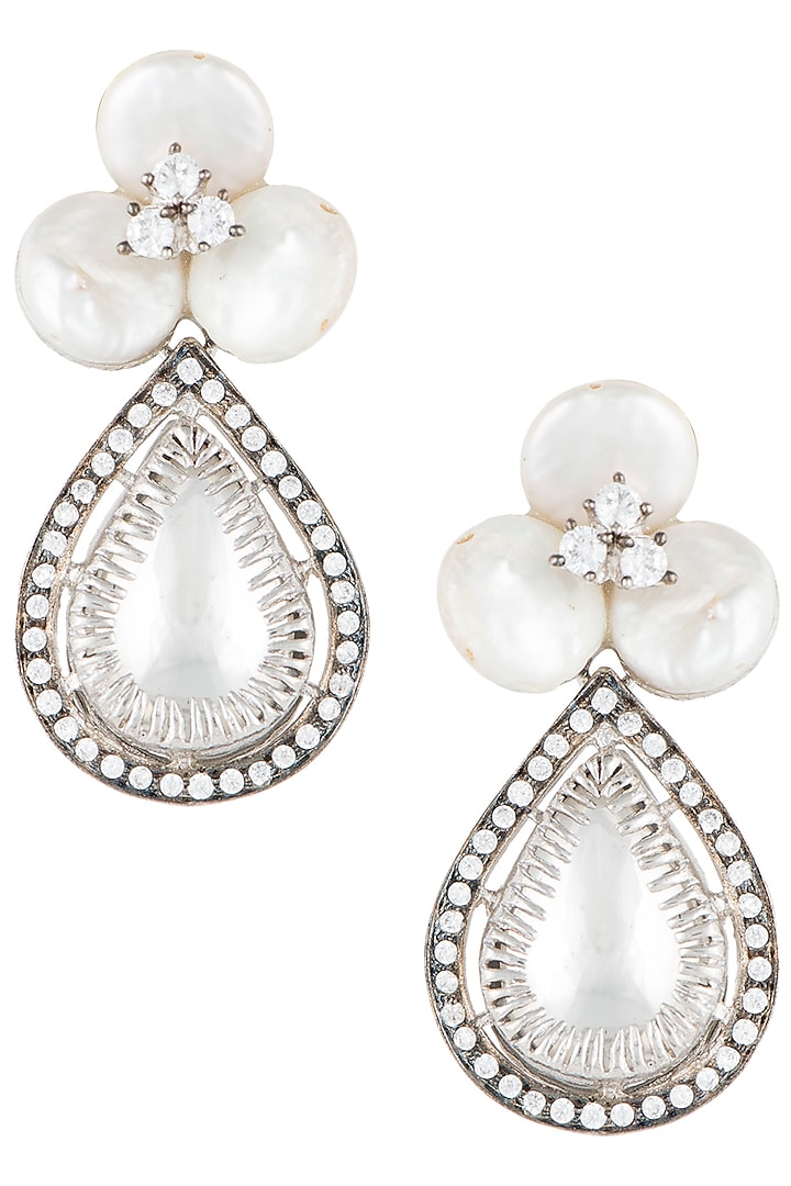 Silver plated floral pearl earrings by Rohita and Deepa