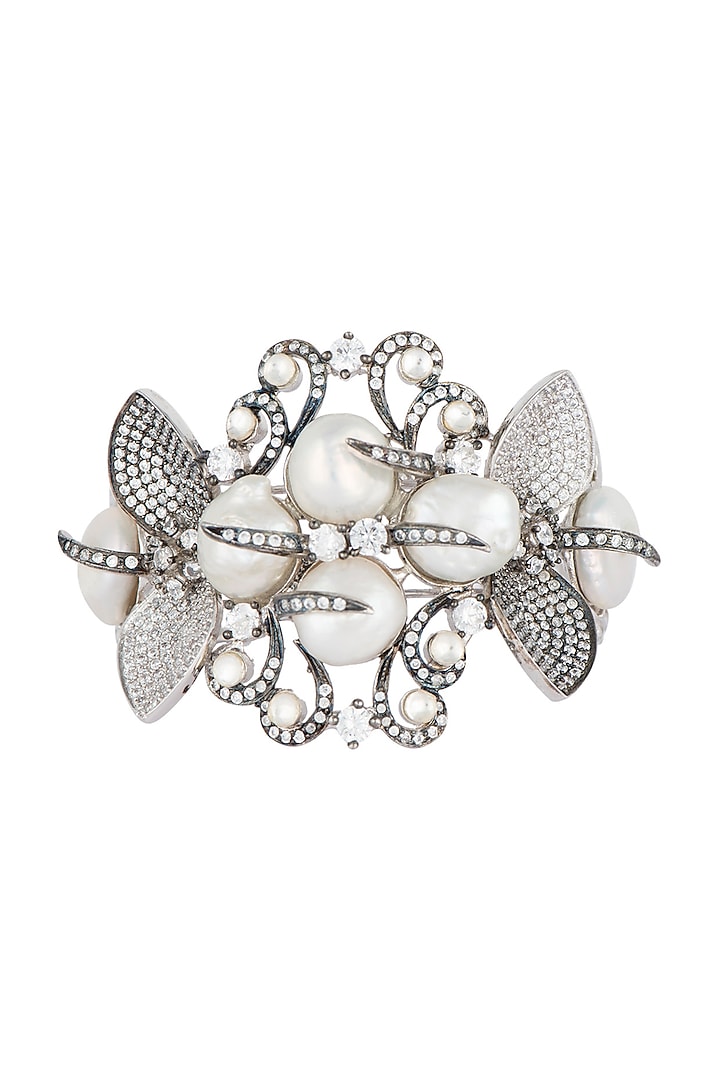 Silver plated pearl cuff bracelet by Rohita and Deepa