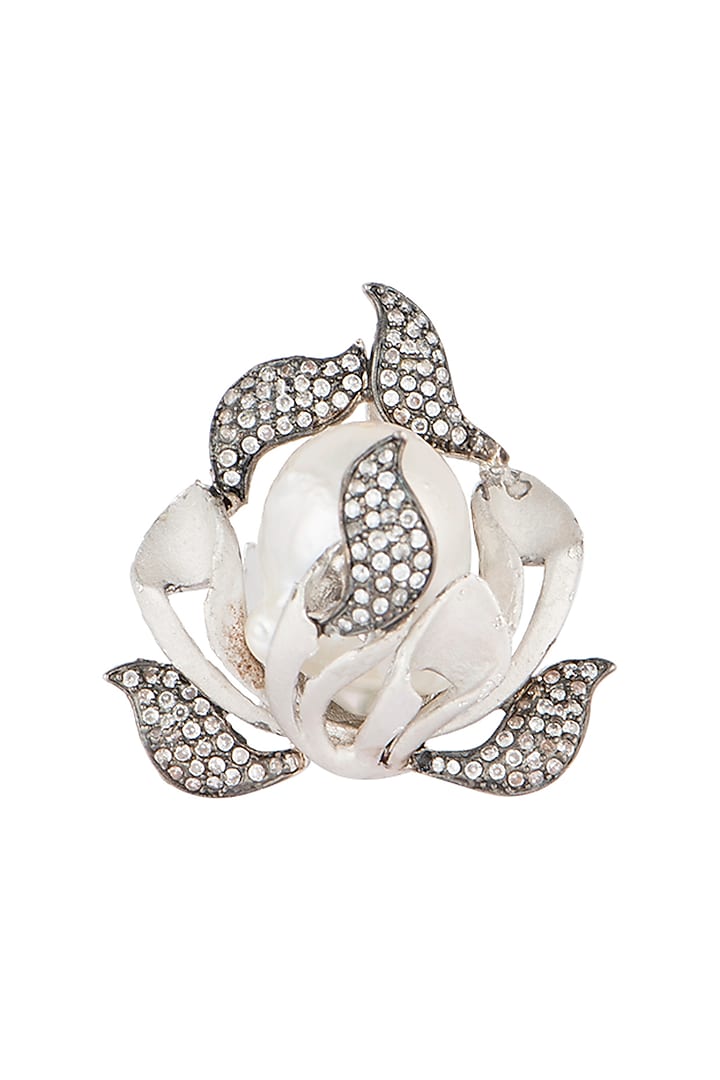 Silver plated pearl leaf ring by Rohita and Deepa