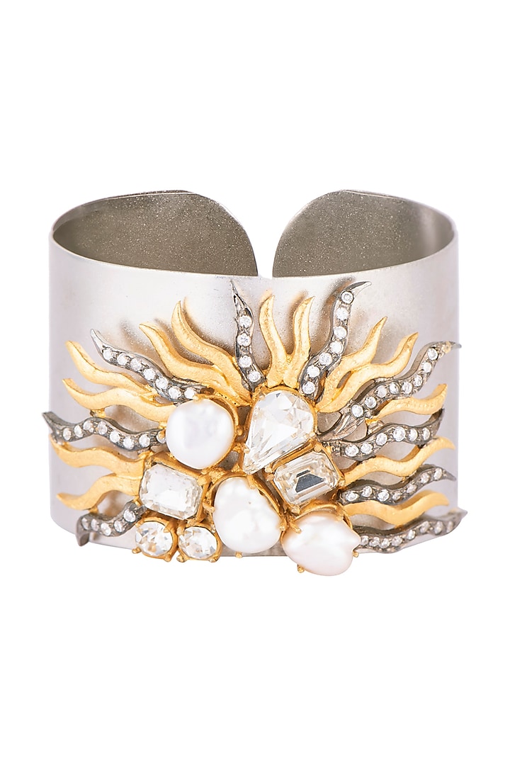 Gold and silver plated pearl cuff bracelet by Rohita and Deepa