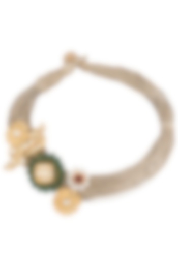 Gold plated green onyx and kundan necklace by Rohita and Deepa