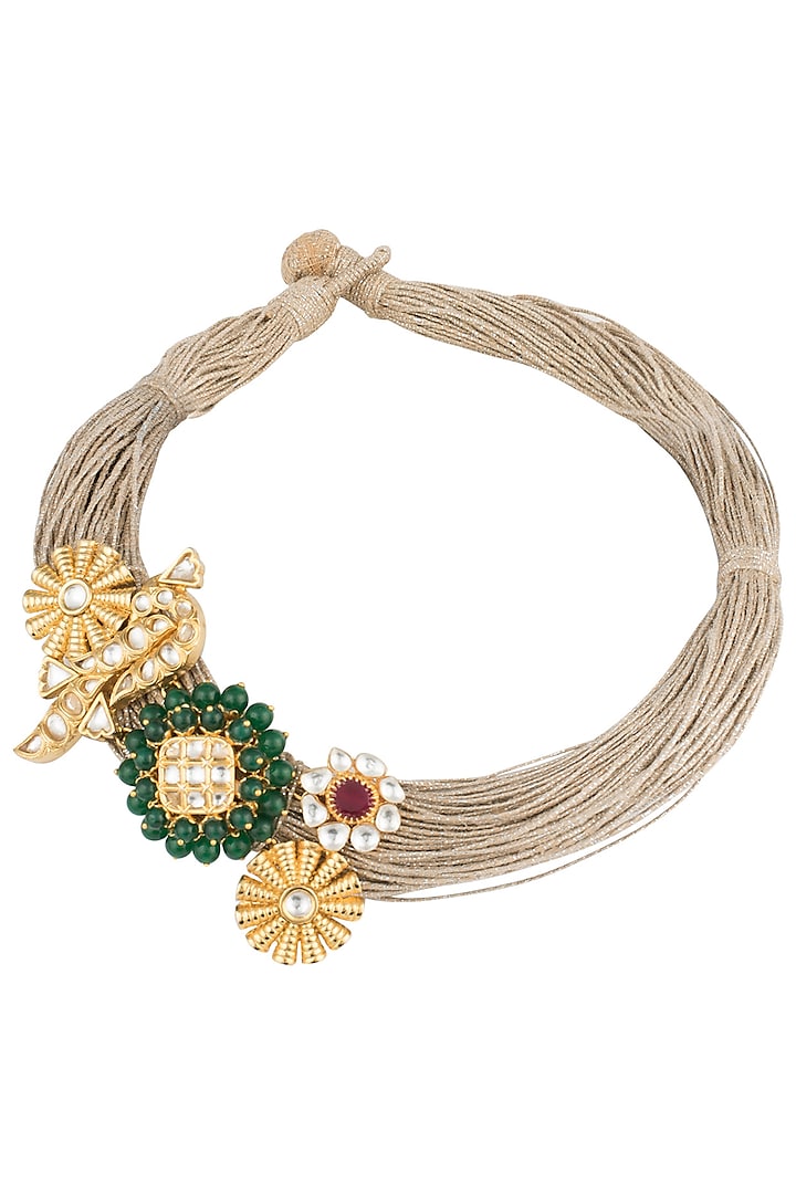 Gold plated green onyx and kundan necklace by Rohita and Deepa