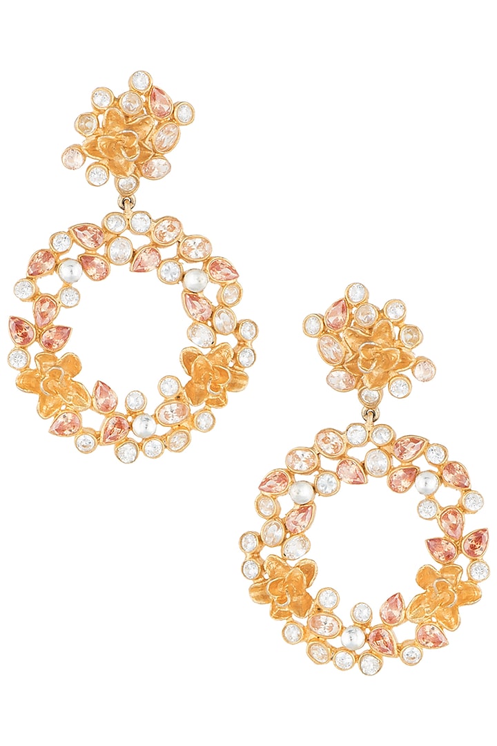 Gold plated floral crystal earrings by Rohita and Deepa