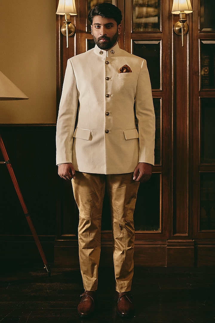 Ivory Suede Groom Bandhgala by Rohit Kamra Jaipur at Pernia's Pop Up Shop
