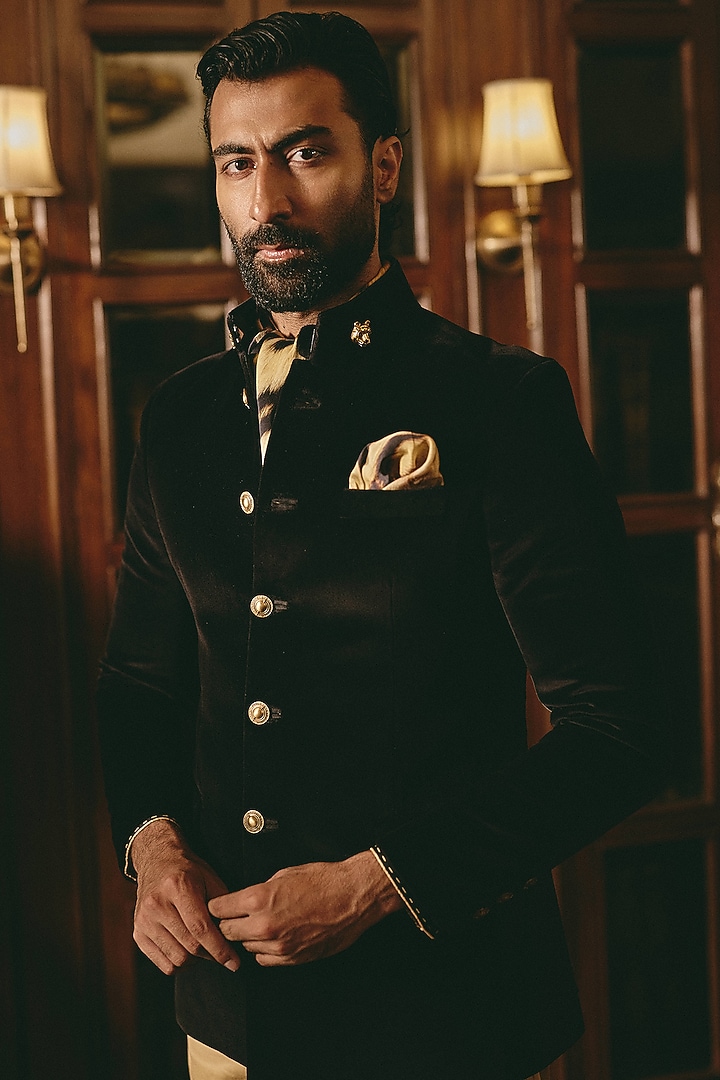 Jet Black Velvet Groom Bandhgala by Rohit Kamra Jaipur at Pernia's Pop Up Shop