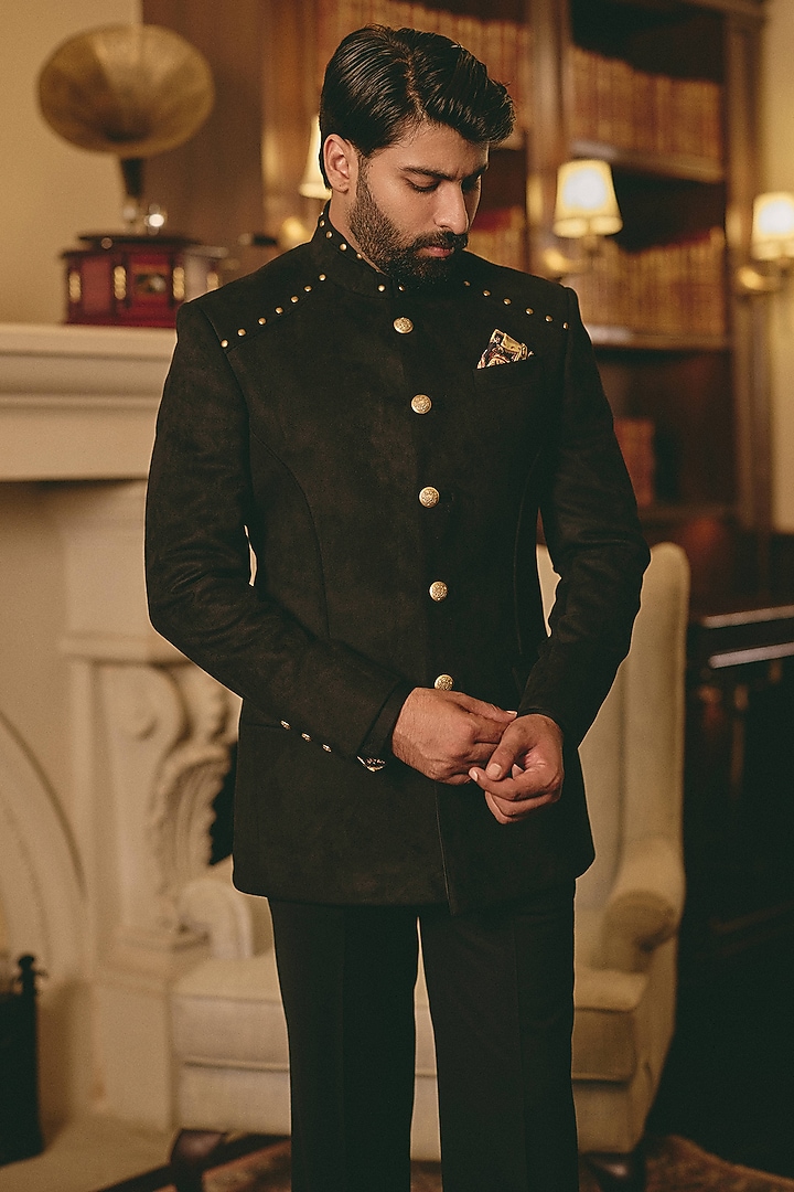 Black Suede Groom Bandhgala by Rohit Kamra Jaipur at Pernia's Pop Up Shop
