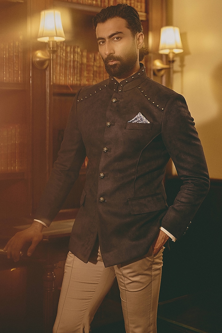 Navy Blue Suede Groom Bandhgala by Rohit Kamra Jaipur at Pernia's Pop Up Shop