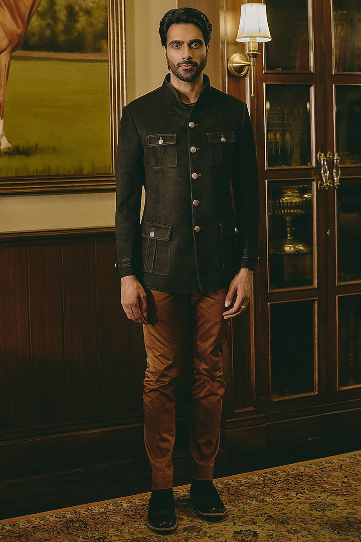 Black Suede Wedding Bandhgala Jacket by Rohit Kamra Jaipur at Pernia's Pop Up Shop