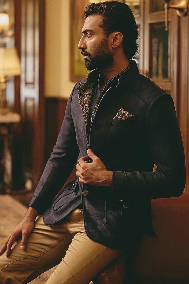 Blue Suede Wedding Bandhgala Jacket by Rohit Kamra Jaipur at Pernia's Pop Up Shop
