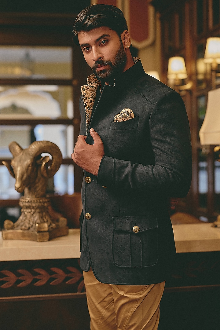 Teal Green Suede Wedding Bandhgala Jacket by Rohit Kamra Jaipur at Pernia's Pop Up Shop