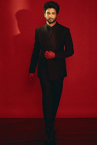 Black Viscose Polyester Tuxedo Set by TISASTUDIO