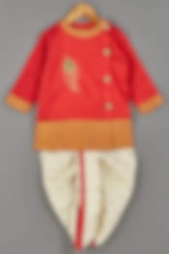 Red Embroidered Kurta Set For Boys by Roli.M