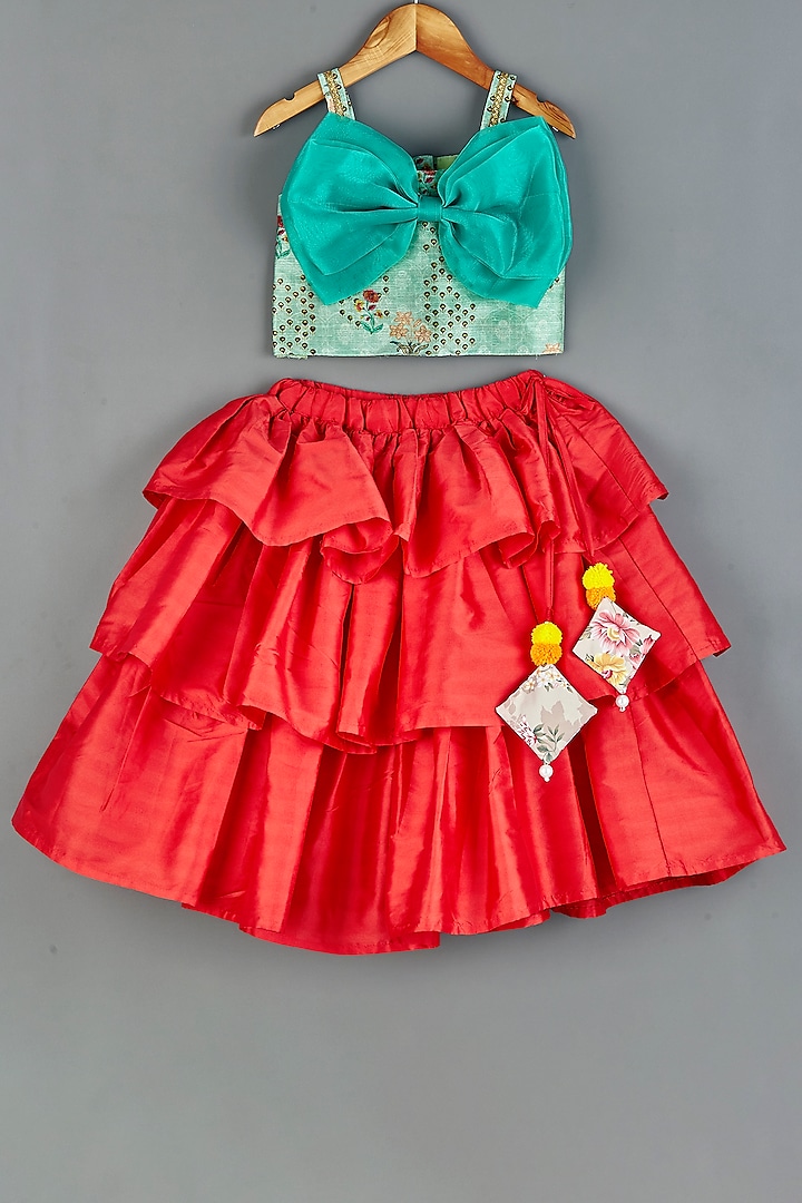 Red Poly Blend Lehenga Set For Girls by Roli.M