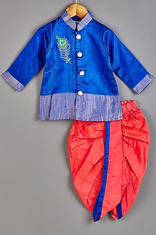 Royal Blue Embroidered Kurta Set For Boys by Roli.M