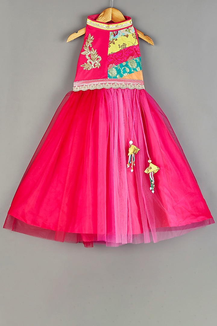 Pink Embroidered Gown For Girls by Roli.M