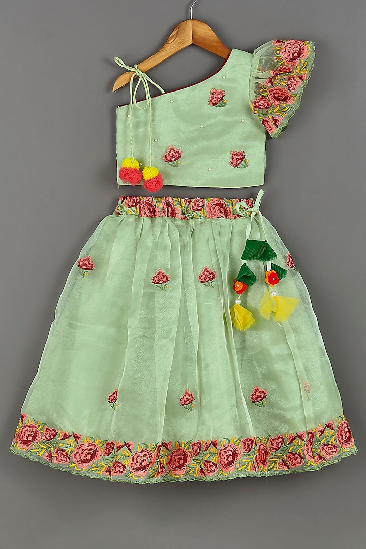 Pista Green Embroidered Lehenga Set For Girls by Roli.M