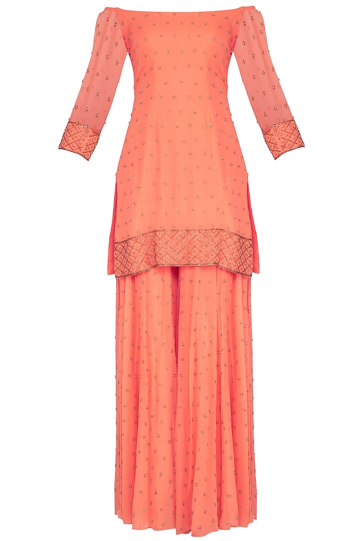 Coral Embroidered Sharara Set by Roora by Ritam