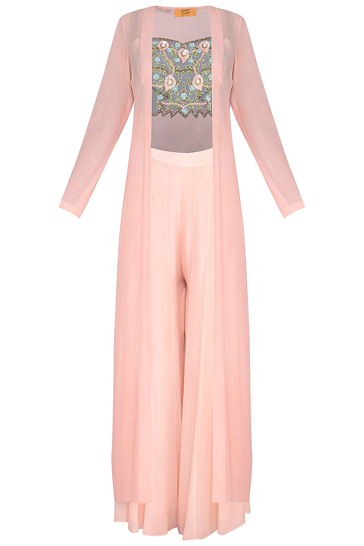 Peach Embroidered Crop Top With Jacket & Pants by Roora by Ritam