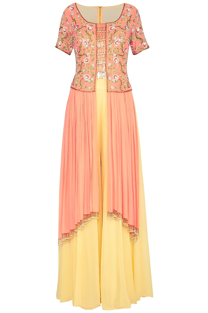 Coral & Yellow Embroidered Kurta With Pants by Roora by Ritam