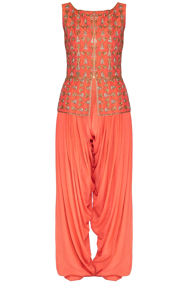 Coral Embellished Peplum Jacket With Pants by Roora by Ritam