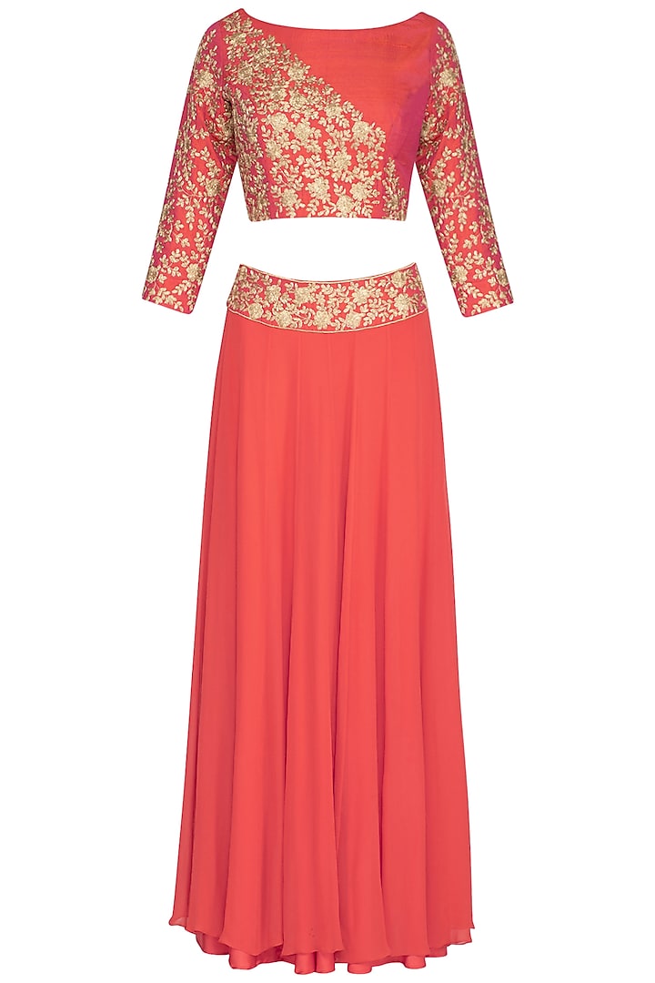 Coral Embroidered Lehenga Set by Roora by Ritam