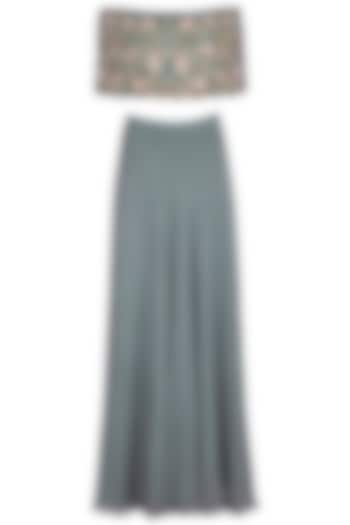 Grey Embroidered Off Shoulder Cape Top With Skirt by Roora by Ritam