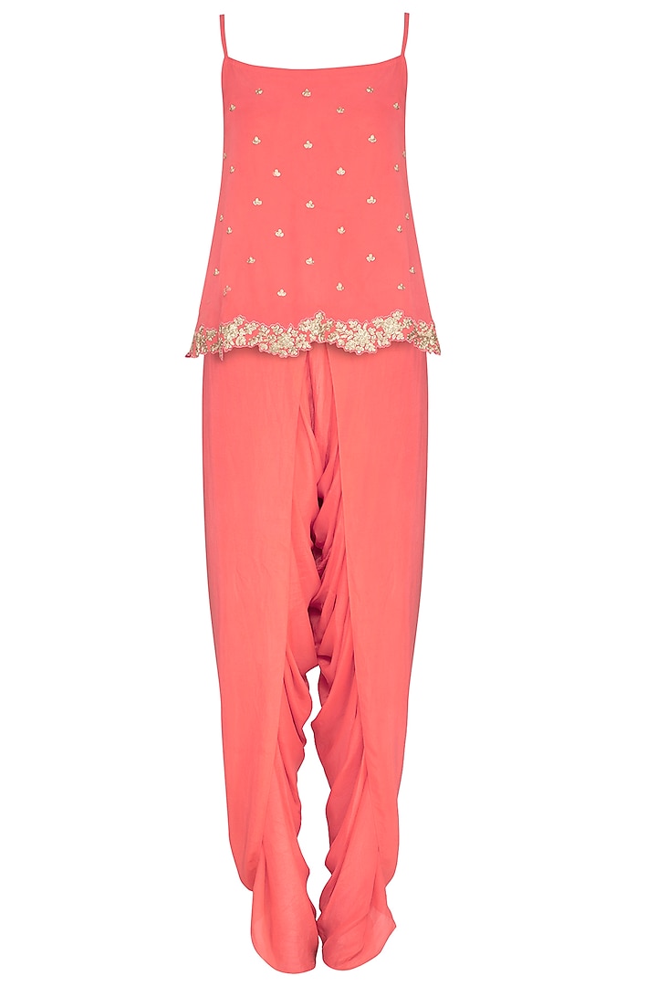 Coral Embellished Top With Overlap Dhoti Pants by Roora by Ritam
