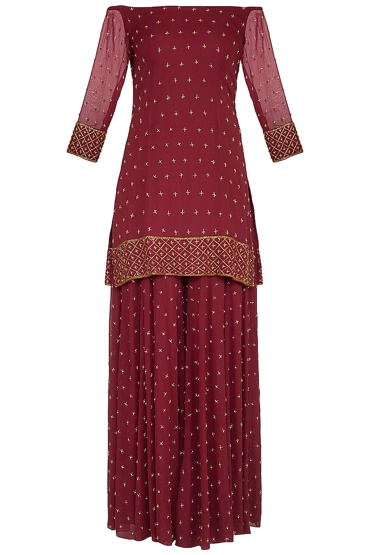 Maroon Embroidered Sharara Set by Roora by Ritam