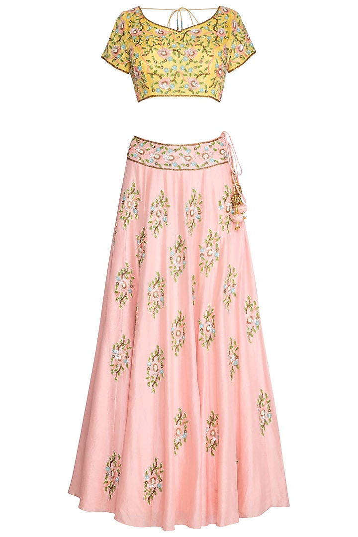 Peach & Yellow Embroidered Lehenga Set by Roora by Ritam