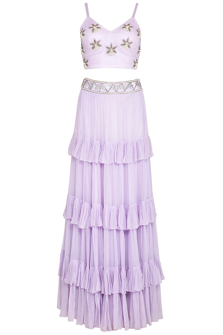Lilac Embellished Bralette Top With Skirt by Roora by Ritam