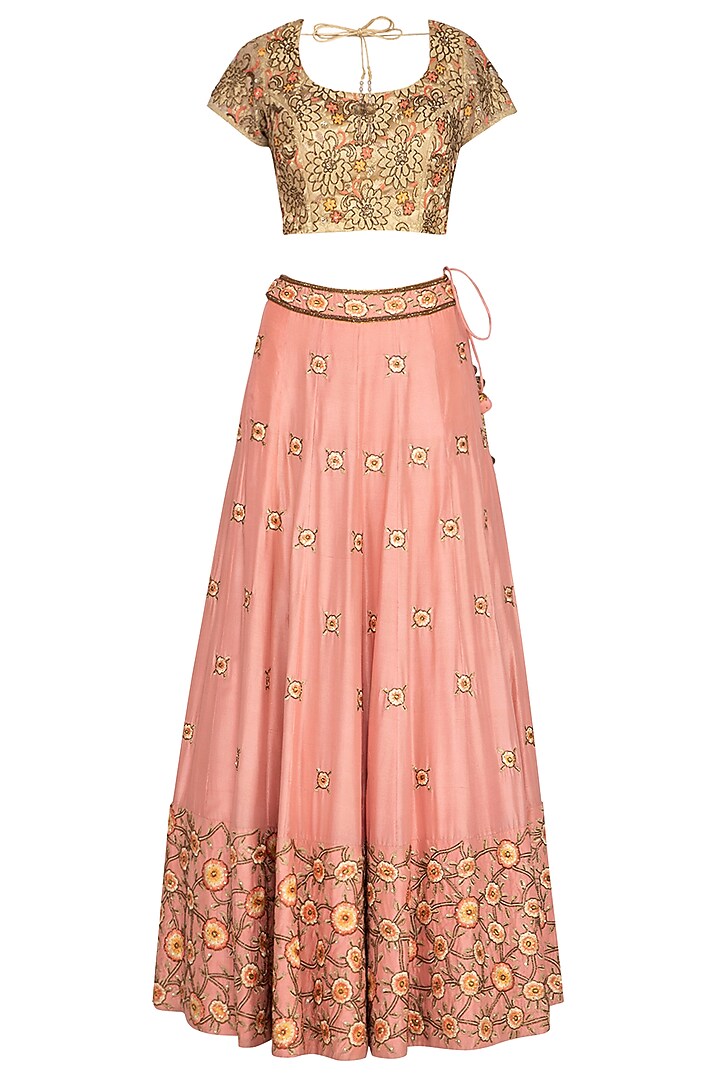 Peach & Golden Embroidered Lehenga Set by Roora by Ritam