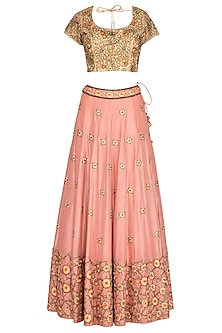 Peach & Golden Embroidered Lehenga Set Design by Roora by Ritam at ...