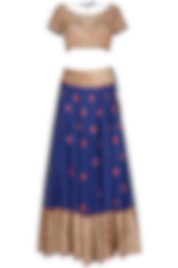 Royal Blue & Coral Pink Embroidered Lehenga Set by Roora by Ritam