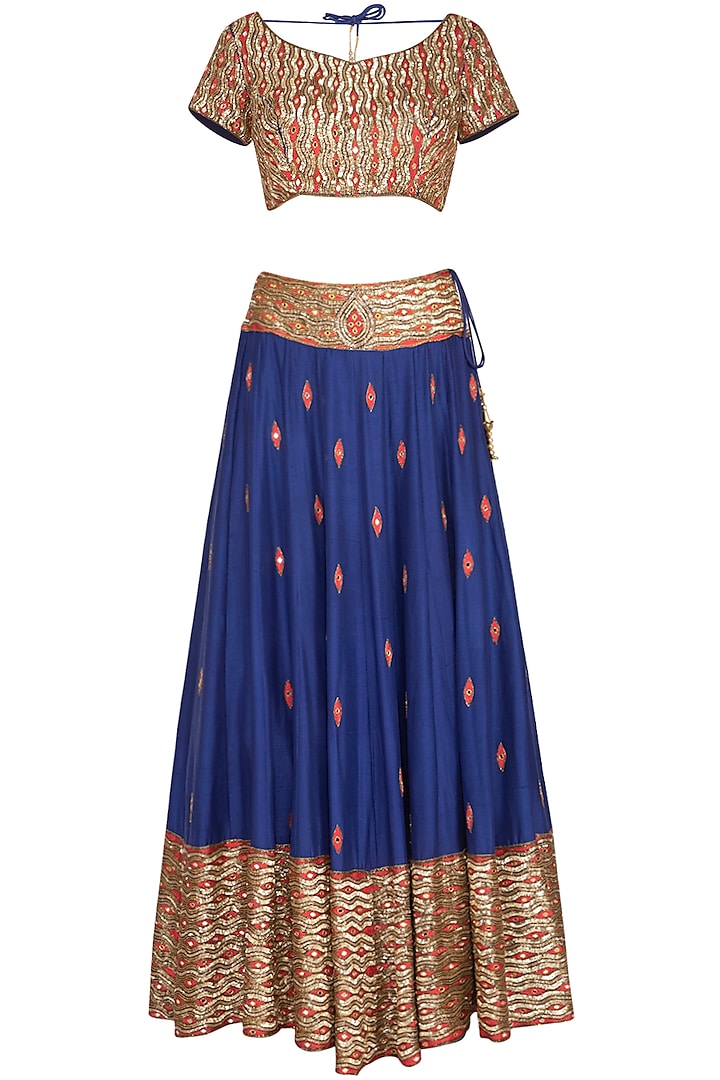 Royal Blue & Coral Pink Embroidered Lehenga Set by Roora by Ritam