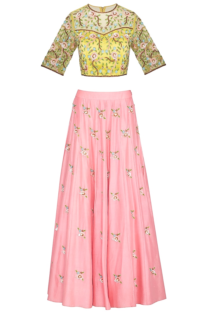 Pink & Lime Green Embroidered Lehenga Skirt With Blouse by Roora by Ritam