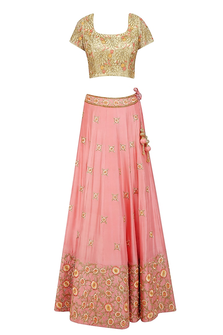 Peach Floral Thread and Bead Embroidered Lehenga Set by Roora by Ritam